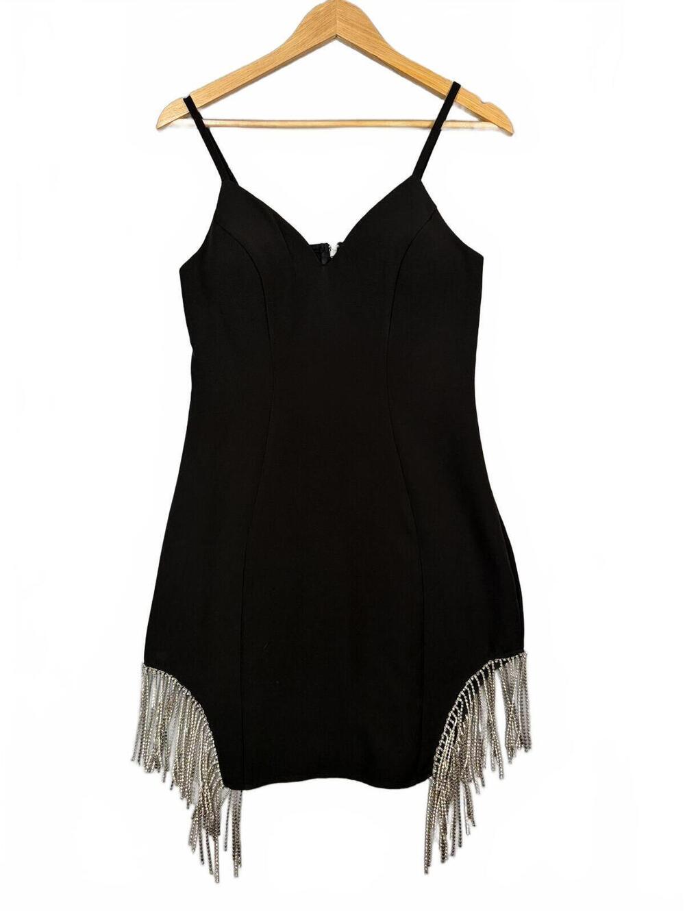 Yaneth Alatorre Black Mini Dress with Rhinestone Fringe Trim - Size S Glam LBD